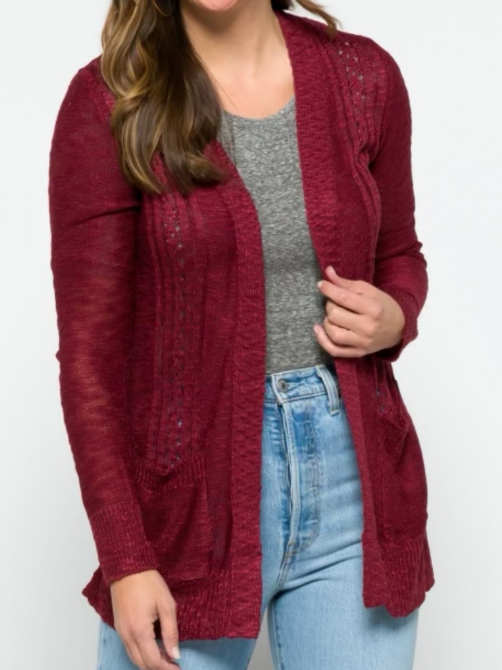 Adelle Open-Front Pointelle Cardigan - Burgundy